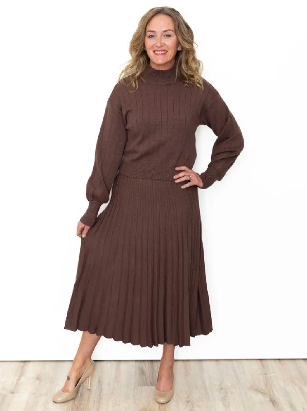 A Line Pleated Sweater Midi Skirt - Brown