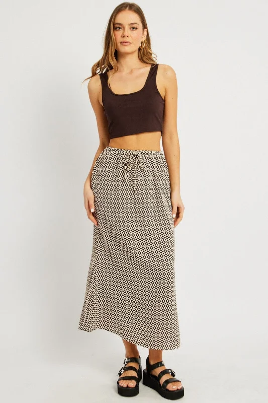 Brown Geo Midi Slip Skirt Mid Rise Elastic Waist