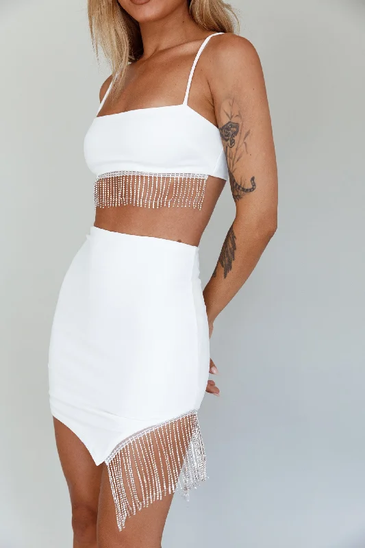 Call On Me Diamante Fringe Mini Skirt White