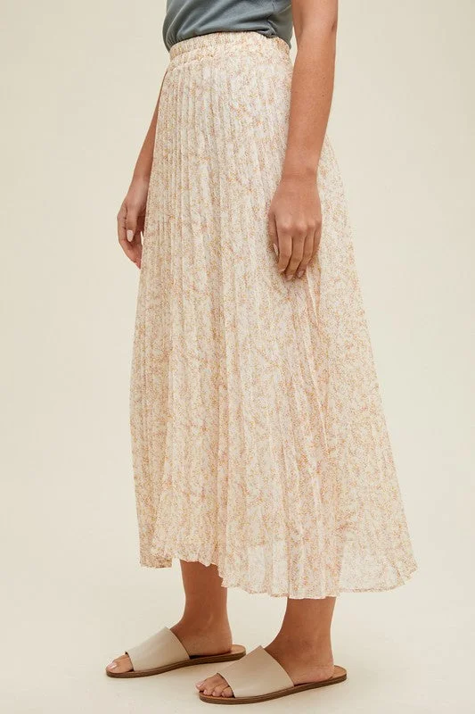 Floral Pleated Midi Skirt - Cream