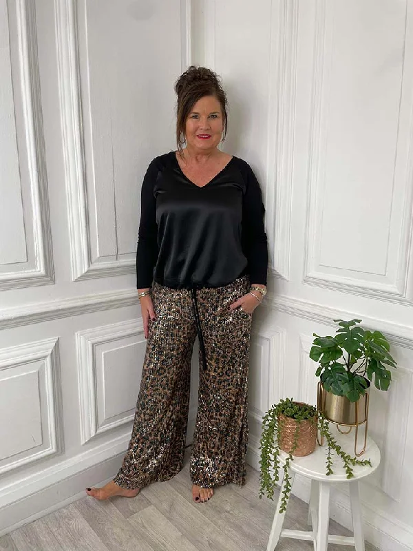 Leopard Sequin Palazzo Trousers - Copper