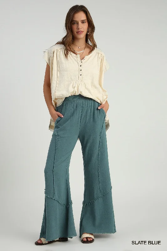 Linen Elastic Pants with Fray Details