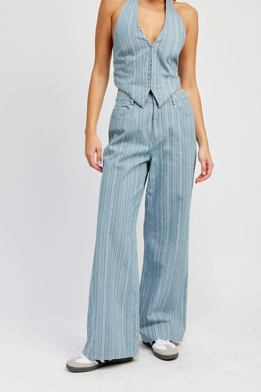 Blue striped mid rise wide leg denim