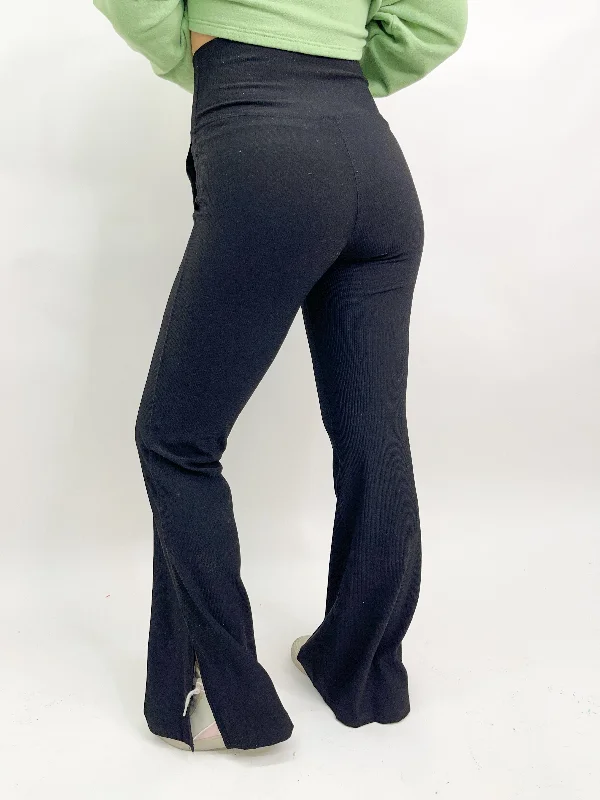 V-Waist Side Slit Flare Leggings - Black