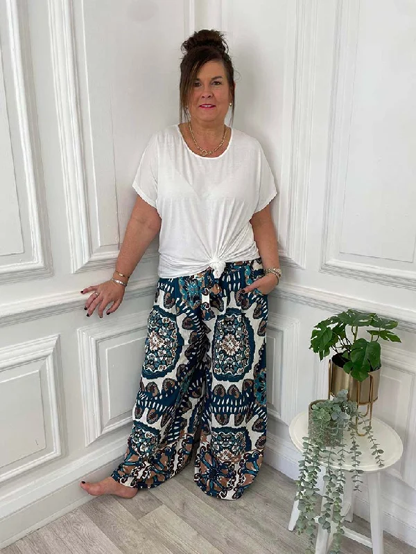 Tile Print Palazzo Trousers - Teal