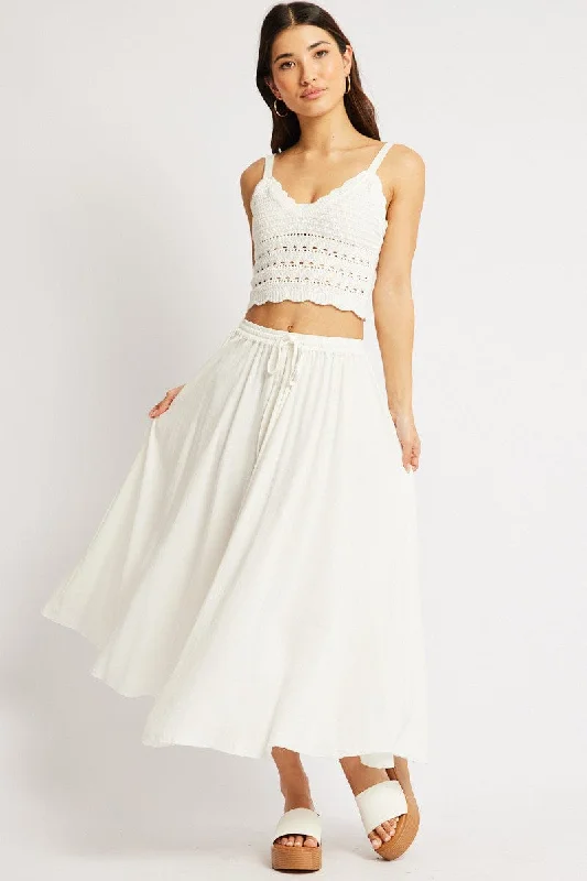 White Midaxi Skirt High Rise Volume Linen Blend