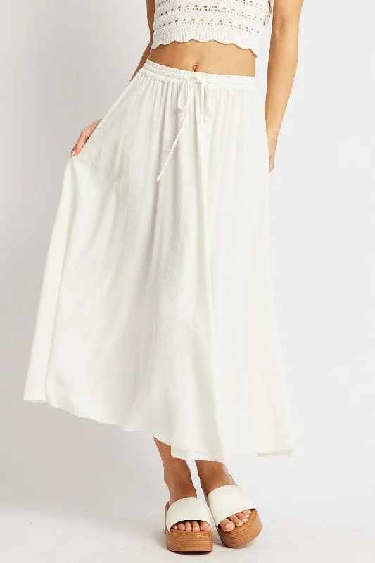 White Midaxi Skirt High Rise Volume Linen Blend