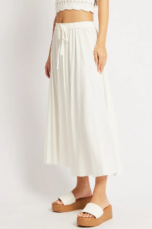 White Midaxi Skirt High Rise Volume Linen Blend