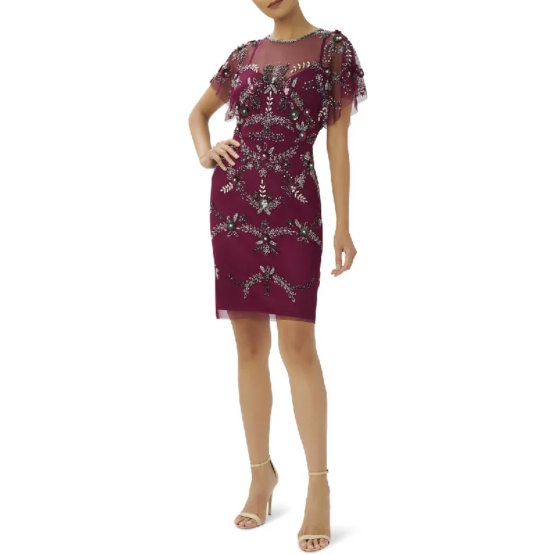 Adrianna Papell Womens Beaded Mini Sheath Dress Cozy Satin Mini Dress