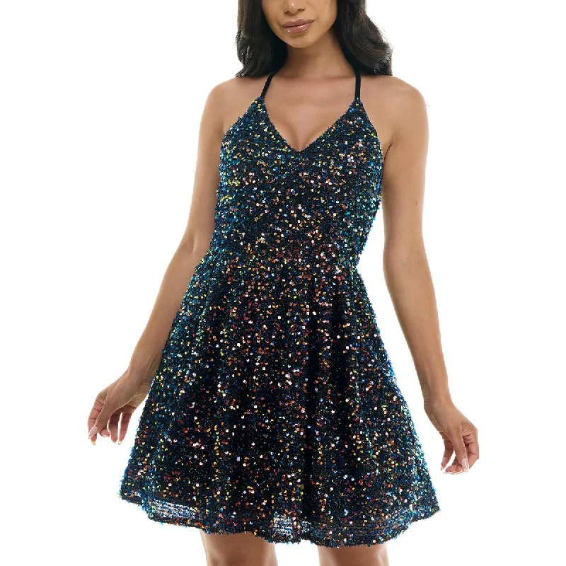 BCX Womens Juniors Crisscross Back Mini Fit & Flare Dress Trendy Off-Shoulder Dress Mini