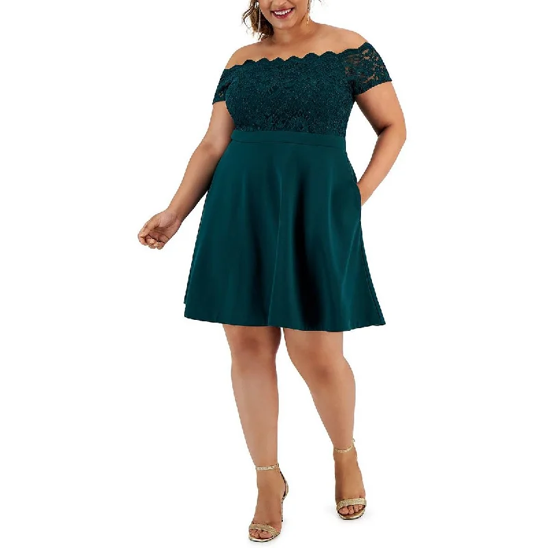 City Studios Womens Plus Lace Trim Mini Fit & Flare Dress Chic Halter Mini Dress