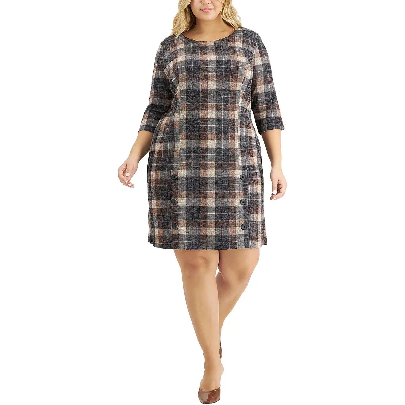 Connected Apparel Womens Petites Plaid Mini Sheath Dress Trendy Wraparound Mini Dress