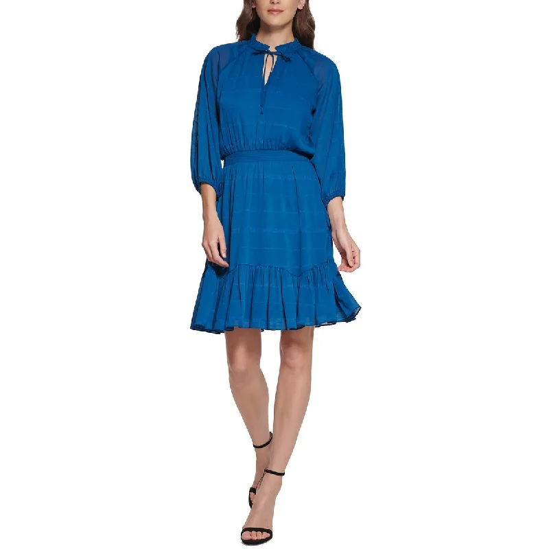 DKNY Womens Mini Tie Neck Fit & Flare Dress Chic Mini Dress with V-Neck