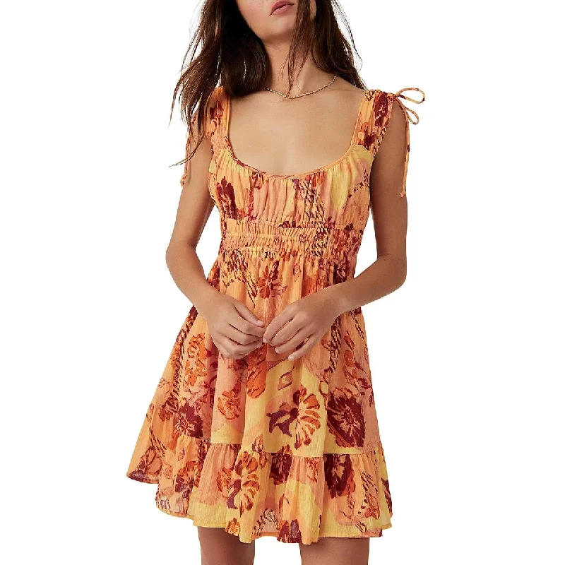 Free People Womens Vernon Smocked Mini Sundress Cozy Wraparound Mini Dress