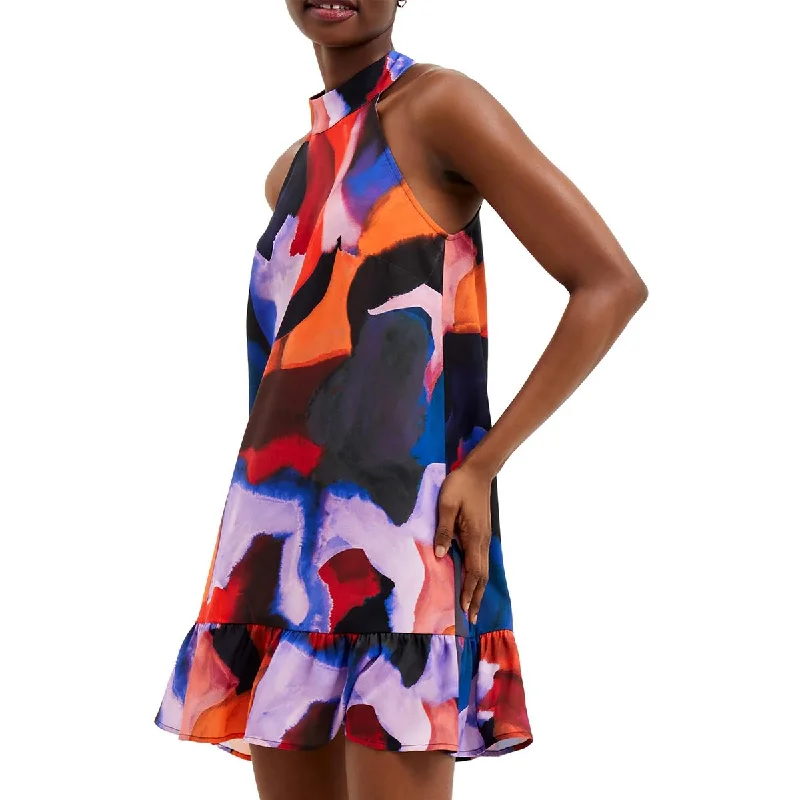 French Connection Womens Isadora Elitan Printed Mini Halter Dress Stylish Sweetheart Neck Mini Dress