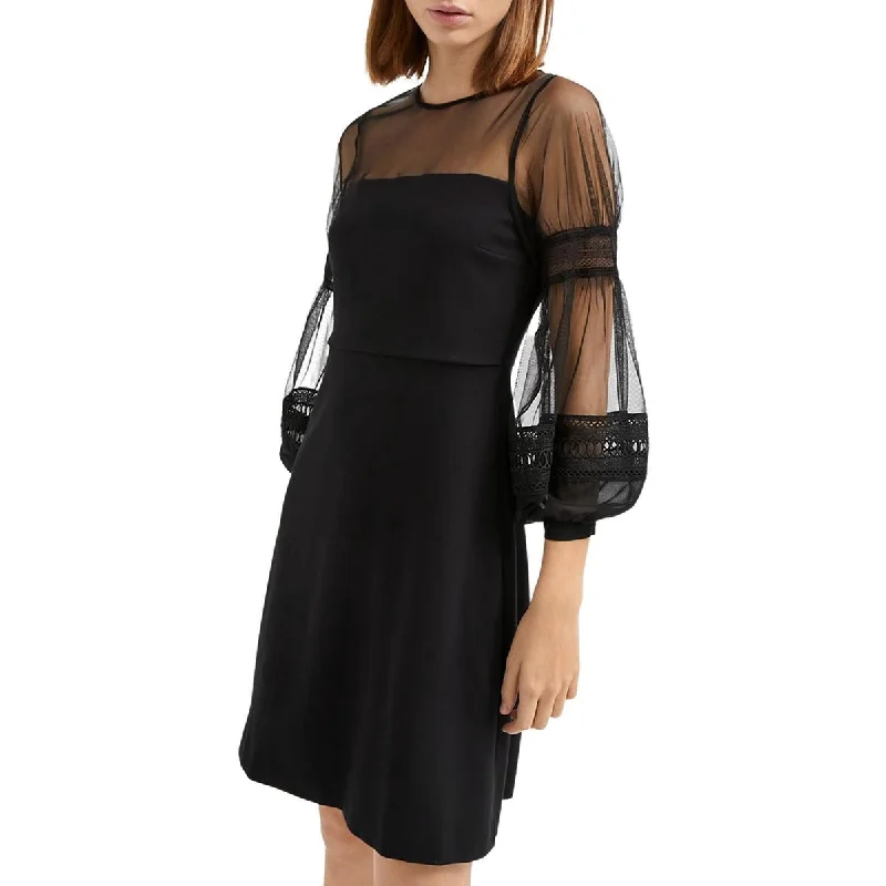 French Connection Womens Sheer Sleeve Mini Fit & Flare Dress Stylish Puff Sleeve Mini Dress