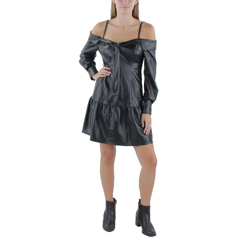 Karl Lagerfeld Paris Womens Faux Leather Mini Fit & Flare Dress Cozy Long Sleeve Mini Dress