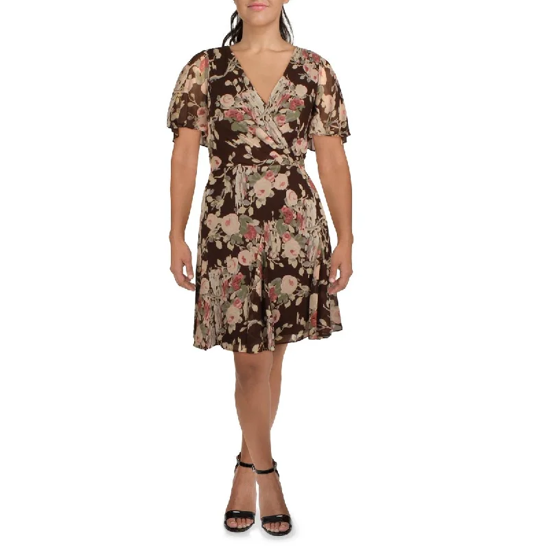 Lauren Ralph Lauren Womens Georgette Surplice Mini Fit & Flare Dress Cozy Sweater Mini Dress