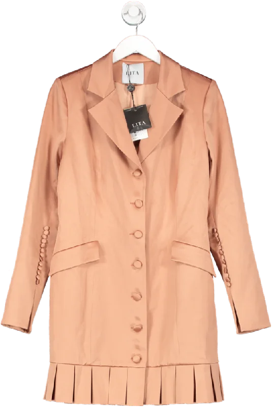 Lita Couture Orange Elegant Mini Peach Dress With Buttons And Pleats UK 14 Classic Shift Mini Dress