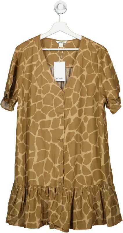 Monki Brown Giraffe Print Mini Flounce Dress BNWT UK L Comfortable Polka Dot Mini Dress