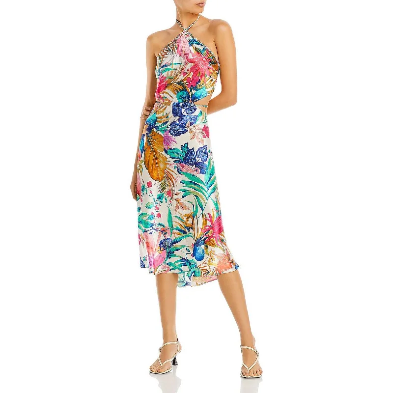 Rococo Sand Womens Silk Mini Halter Dress Stylish Plaid Mini Dress