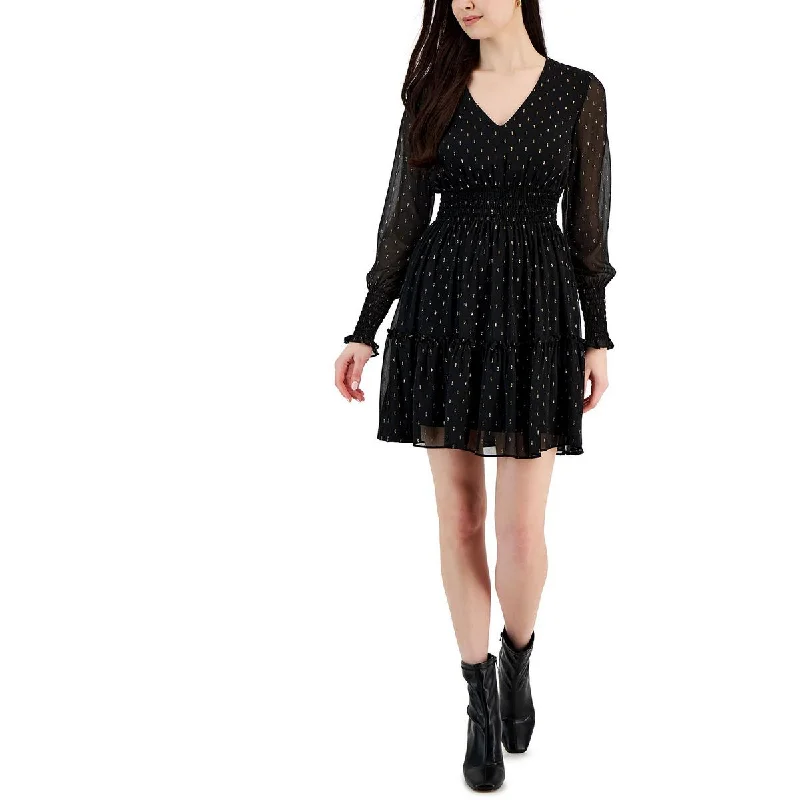 Taylor Womens Petites Metallic Mini Fit & Flare Dress Comfortable Smocked Mini Dress