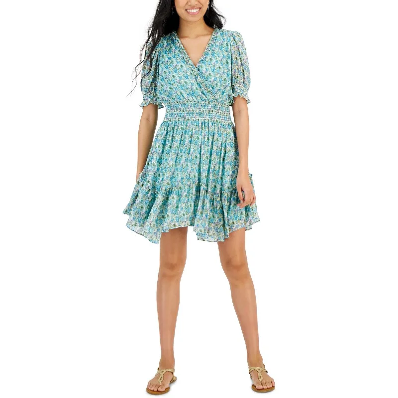 Taylor Womens Petites Printed Mini Fit & Flare Dress Fashionable Pleated Mini Dress