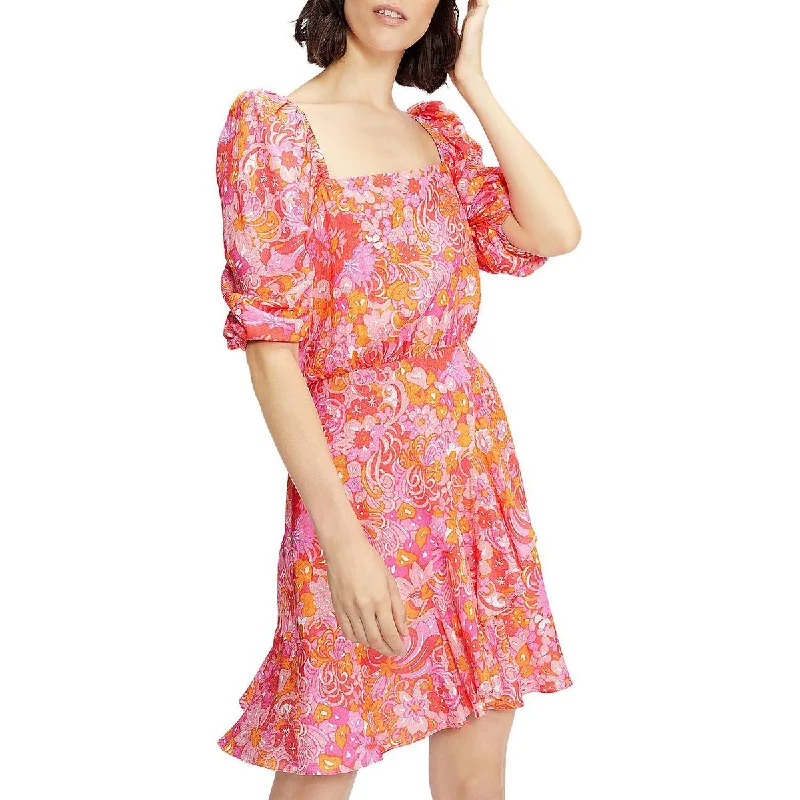 Ted Baker Womens Mini Puff Sleeve Fit & Flare Dress Comfortable Ruffle Mini Dress