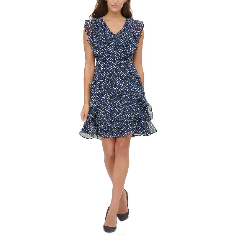 Tommy Hilfiger Womens Petites Ruffle Mini Fit & Flare Dress Elegant Lace-Up Mini Dress
