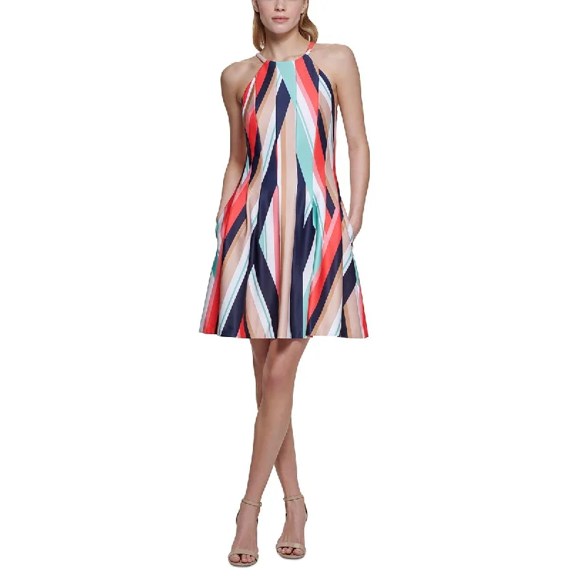 Vince Camuto Womens Petites Mini Printed Halter Dress Elegant Mini Dress with Pleats