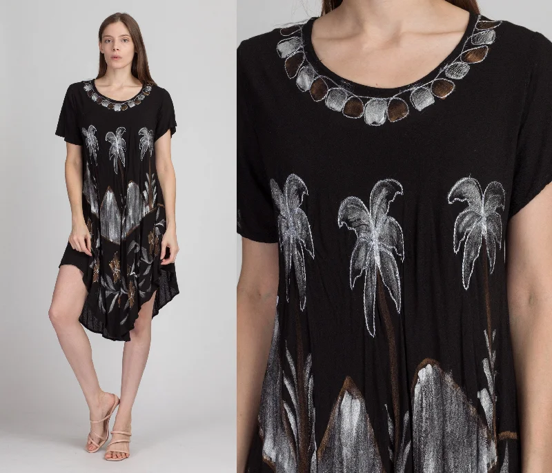90s Boho Black Palm Tree Mini Lounge Dress - One Size Trendy Tie-Dye Mini Dress