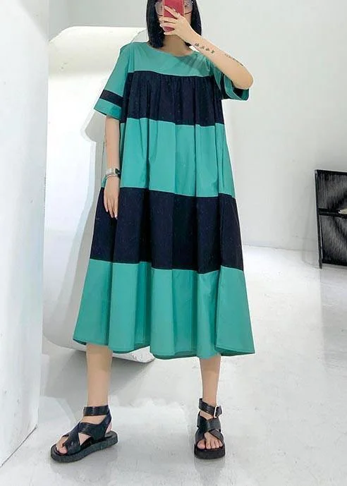 Handmade Blue Patchwork O-Neck Party Summer Cotton Dress Tunics Trendy modern