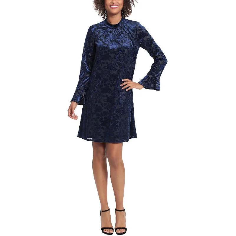 London Times Womens Plus Velvet Mini Fit & Flare Dress Cozy Ruched Mini Dress