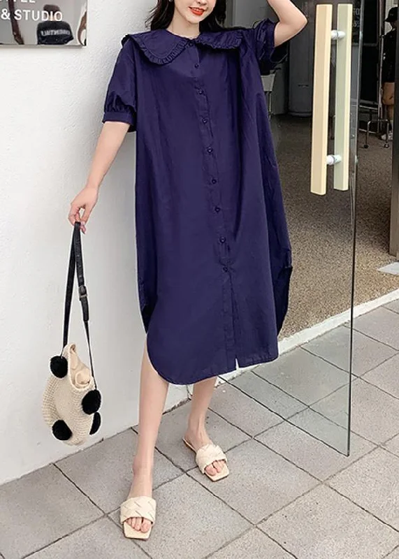 Loose Navy Peter Pan Collar side open Party Summer Cotton Dress Tunics Top Casual