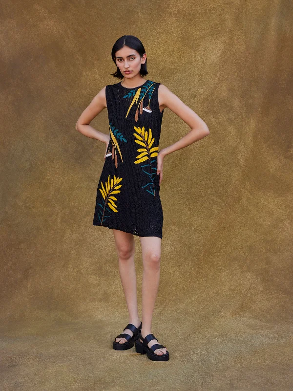 Mini A-Line Dress - Embroidered Open Ribbon Knit Stylish Puff Sleeve Mini Dress