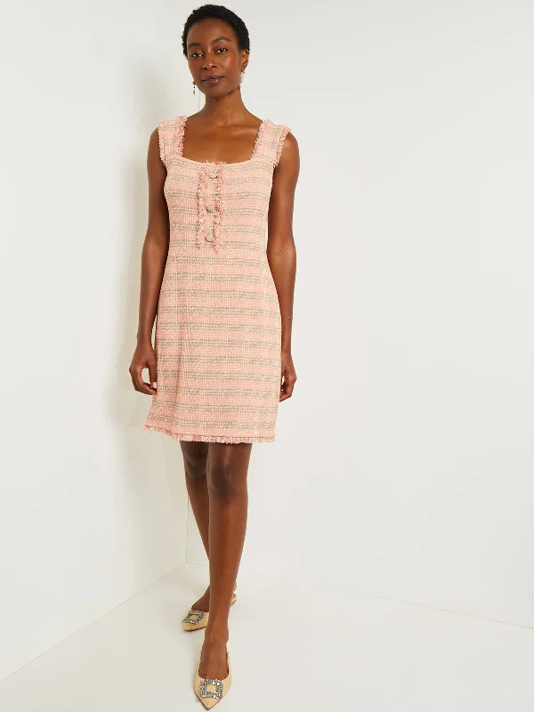 Mini A-Line Dress - Fringe Trim Tweed Knit Comfortable One-Shoulder Mini Dress