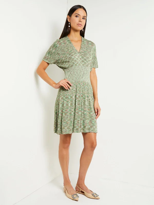 Mini Fit & Flare Dress - V-Neck Pleated Knit Trendy Button-Detail Mini Dress