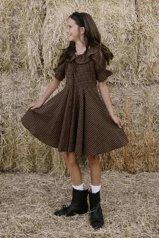 Mini Maple Dress in Brown Gingham Trendy Off-Shoulder Dress Mini