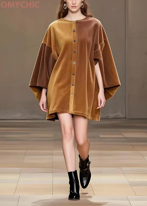 Modern Brown Oversized Corduroy Minin Dress Lantern Sleeve Cozy Jersey Mini Dress