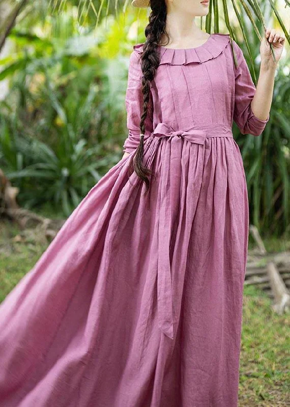 Plus Size Rose Ruffles Cinched Party Summer Linen Dress Tunics Solid Classic