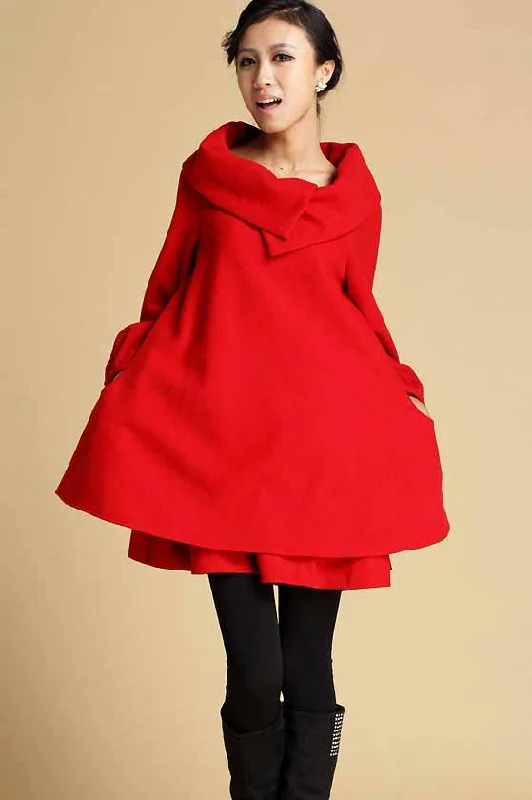 Red Wool Mini Winter Dress with big collar 0349# Fashionable Mini Dress with Slits