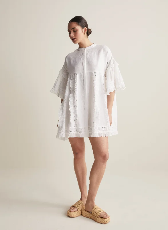 Sadie Linen Mini Smock Dress | Optical White Casual V-Neck Mini Dress