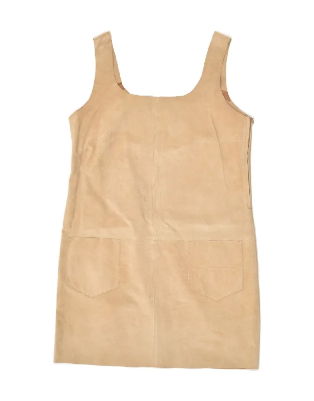 SISLEY Womens Suede Mini Pinafore Dress UK 10 Small Beige Leather Stylish Floral Print Mini Dress