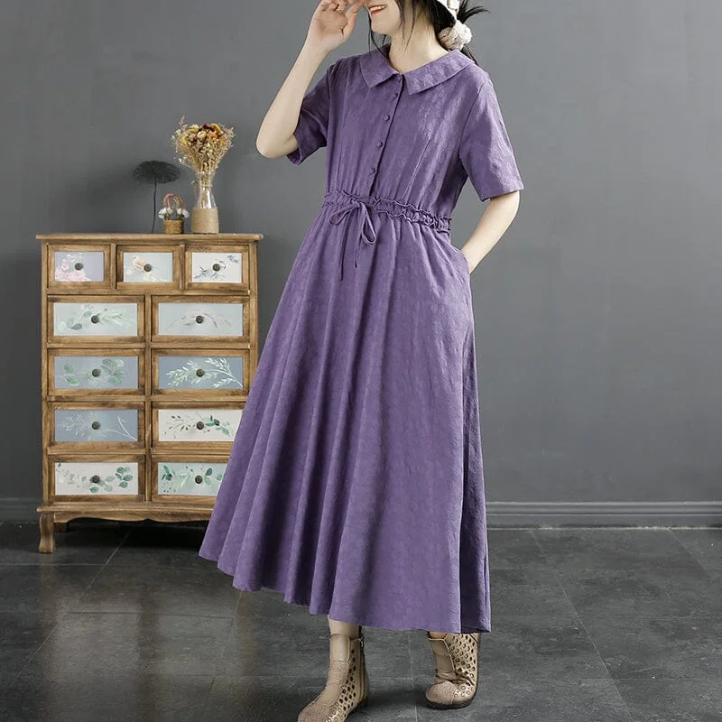 Summer Retro Minimalist Figured Cotton Linen Dress Chic Mini Dress with V-Neck
