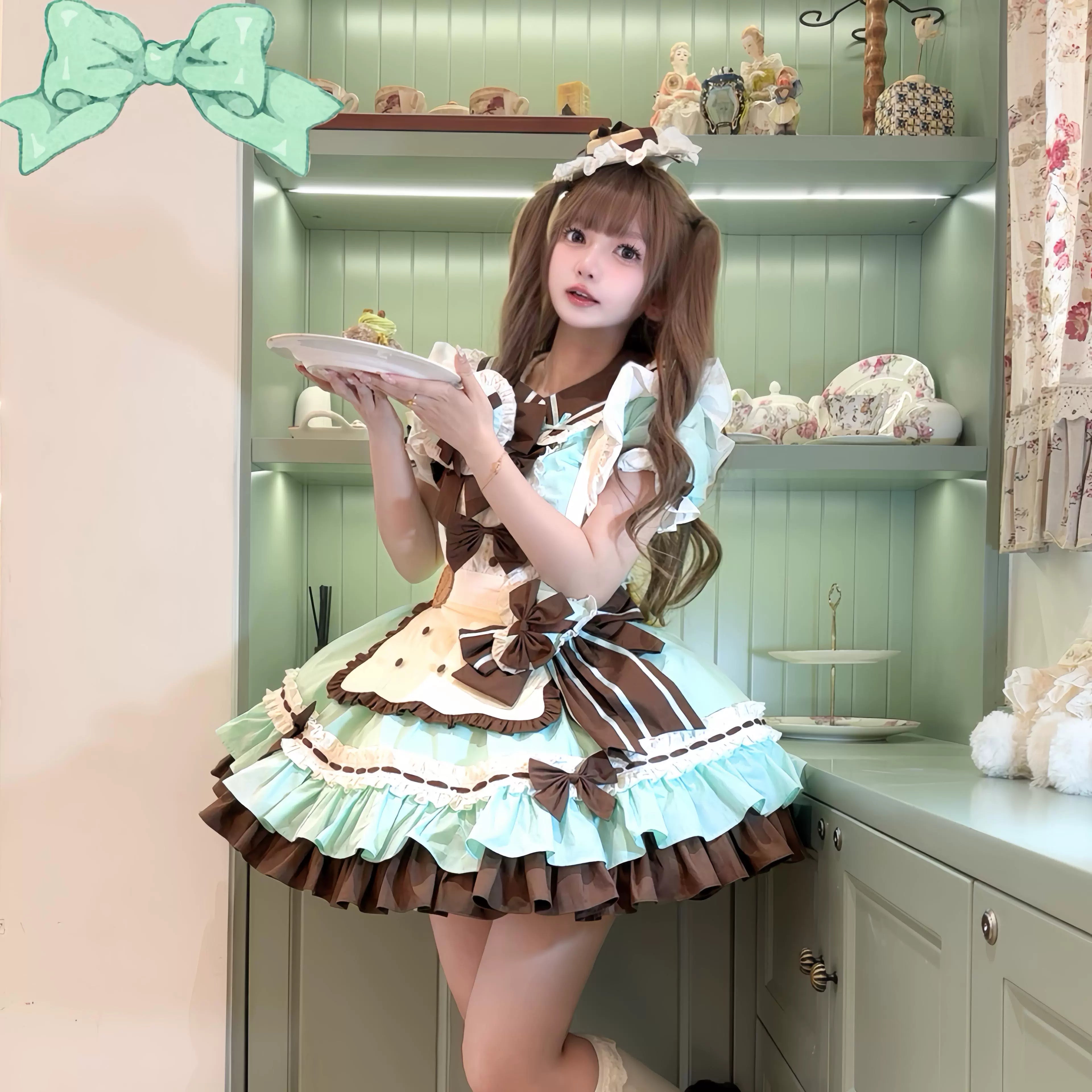 Platycodon House~Mini Cookies Mint Chocolate~Sweet Lolita OP Maid Lolita Dress Classic Solid Mini Dress