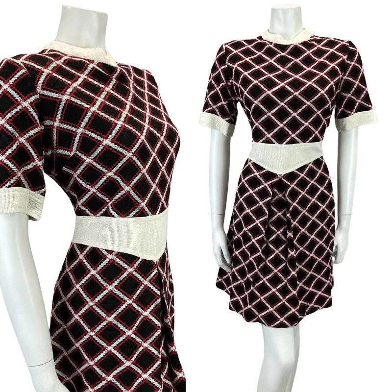 VINTAGE 60s 70s BLACK WHITE RED CHECKED WOOL MINI MOD BOHO DRESS 14 Trendy Wraparound Mini Dress