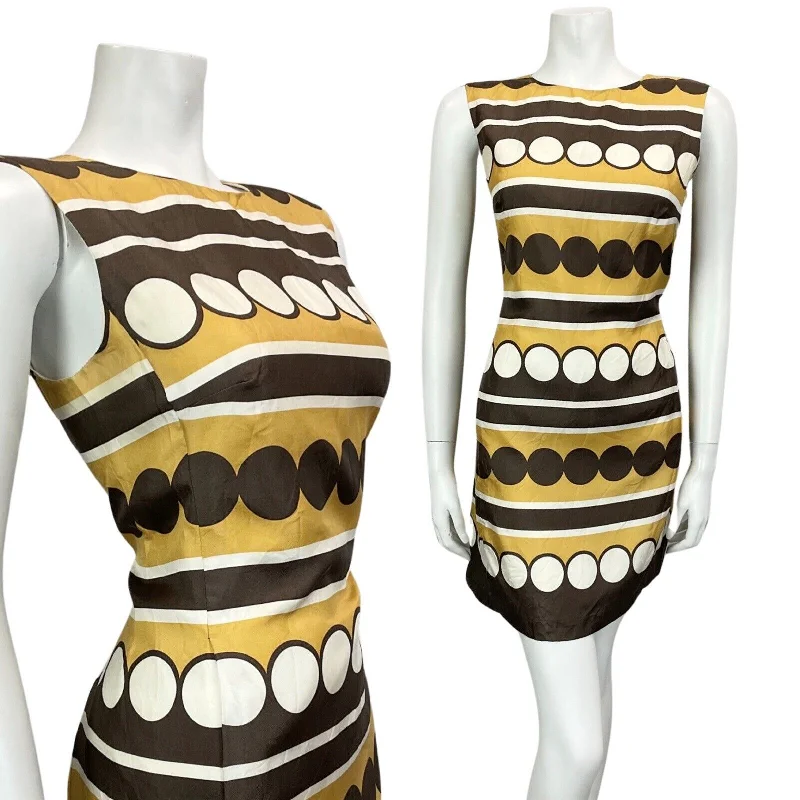 VINTAGE 60s 70s CREAM TAN BROWN PSYCHEDELIC SILK MINI MOD DRESS 10 Chic Mini Dress with V-Neck