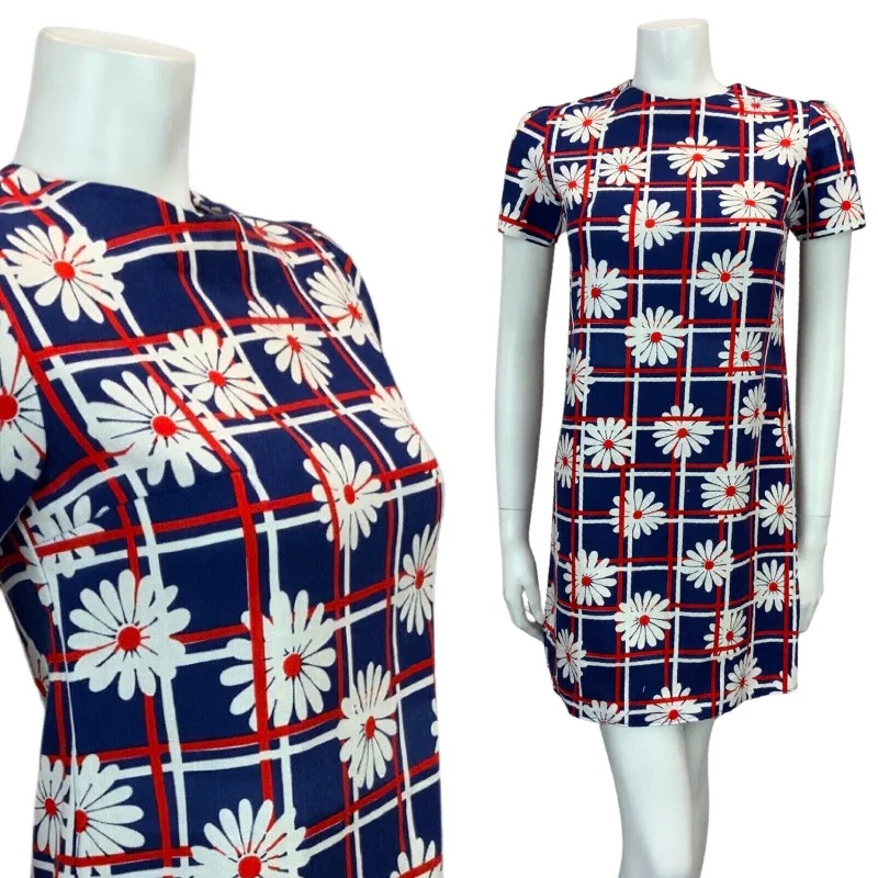 VINTAGE 60s 70s NAVY BLUE RED WHITE DAISY PRINT MINI MOD DRESS 6 8 Fashionable Party Mini Dress