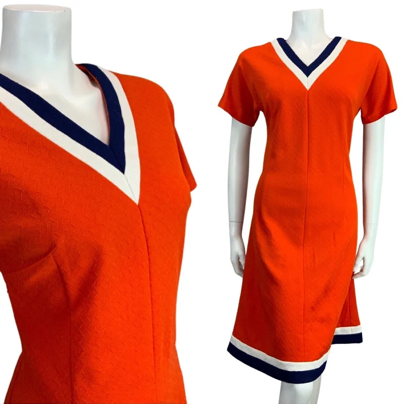 VINTAGE 60s 70s ORANGE NAVY BLUE WHITE MINI MOD NAUTICAL DRESS 10 12 Stylish Spaghetti Strap Mini Dress