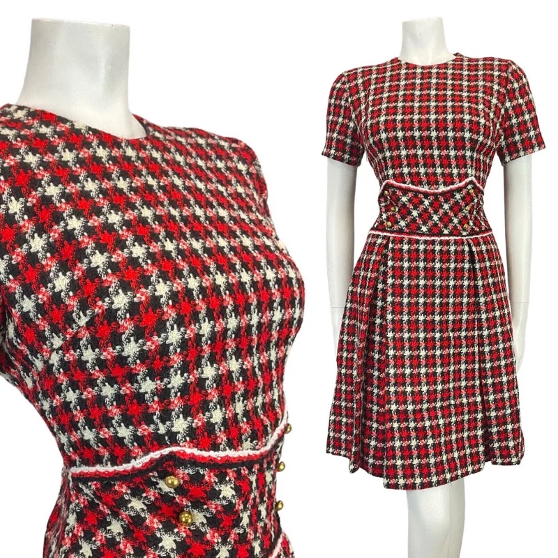 VINTAGE 60s 70s RED BLACK WHITE PLAID CHECKED MOD MINI WOOL DRESS 12 Trendy Cut-Out Mini Dress